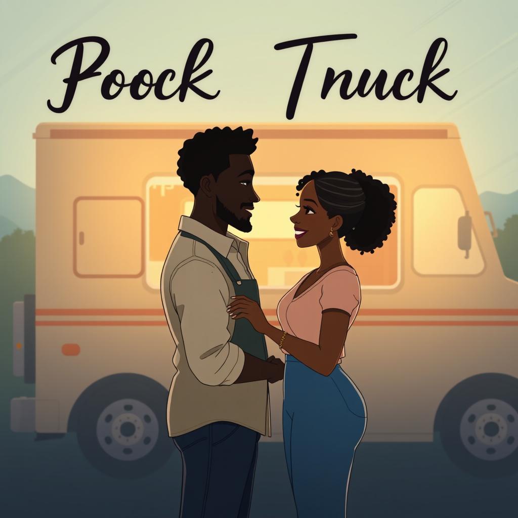 Create an animated image with a size of 2560 x 1600 for a romance novel cover featuring a love story between a Black food truck owner and a Black single mom