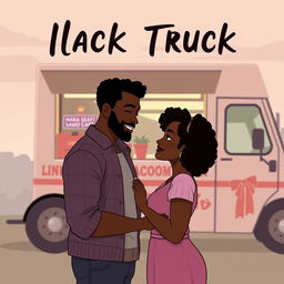 Create an animated image with a size of 2560 x 1600 for a romance novel cover featuring a love story between a Black food truck owner and a Black single mom