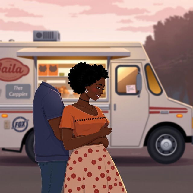 Create an animated image with a size of 2560 x 1600 for a romance novel cover featuring a love story between a Black food truck owner and a Black single mom