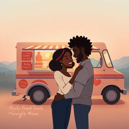 Create an animated image with a size of 2560 x 1600 for a romance novel cover featuring a love story between a Black food truck owner and a Black single mom