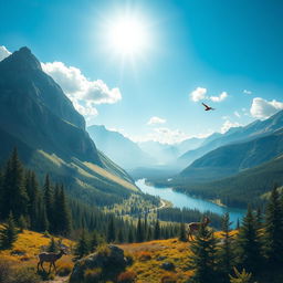 Create an image that is vibrant and full of life, featuring a beautiful landscape with mountains, rivers, and forests