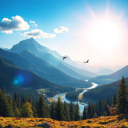 Create an image that is vibrant and full of life, featuring a beautiful landscape with mountains, rivers, and forests