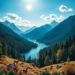 Create an image that is vibrant and full of life, featuring a beautiful landscape with mountains, rivers, and forests