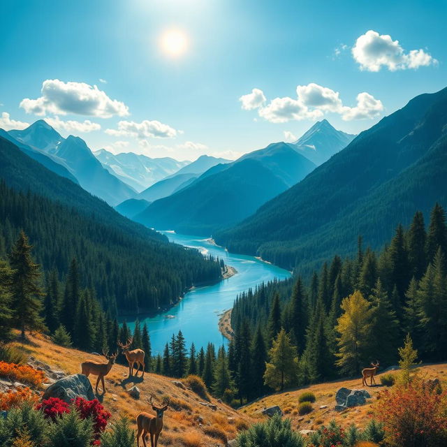 Create an image that is vibrant and full of life, featuring a beautiful landscape with mountains, rivers, and forests