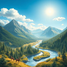 Create an image that is vibrant and full of life, featuring a beautiful landscape with mountains, rivers, and forests