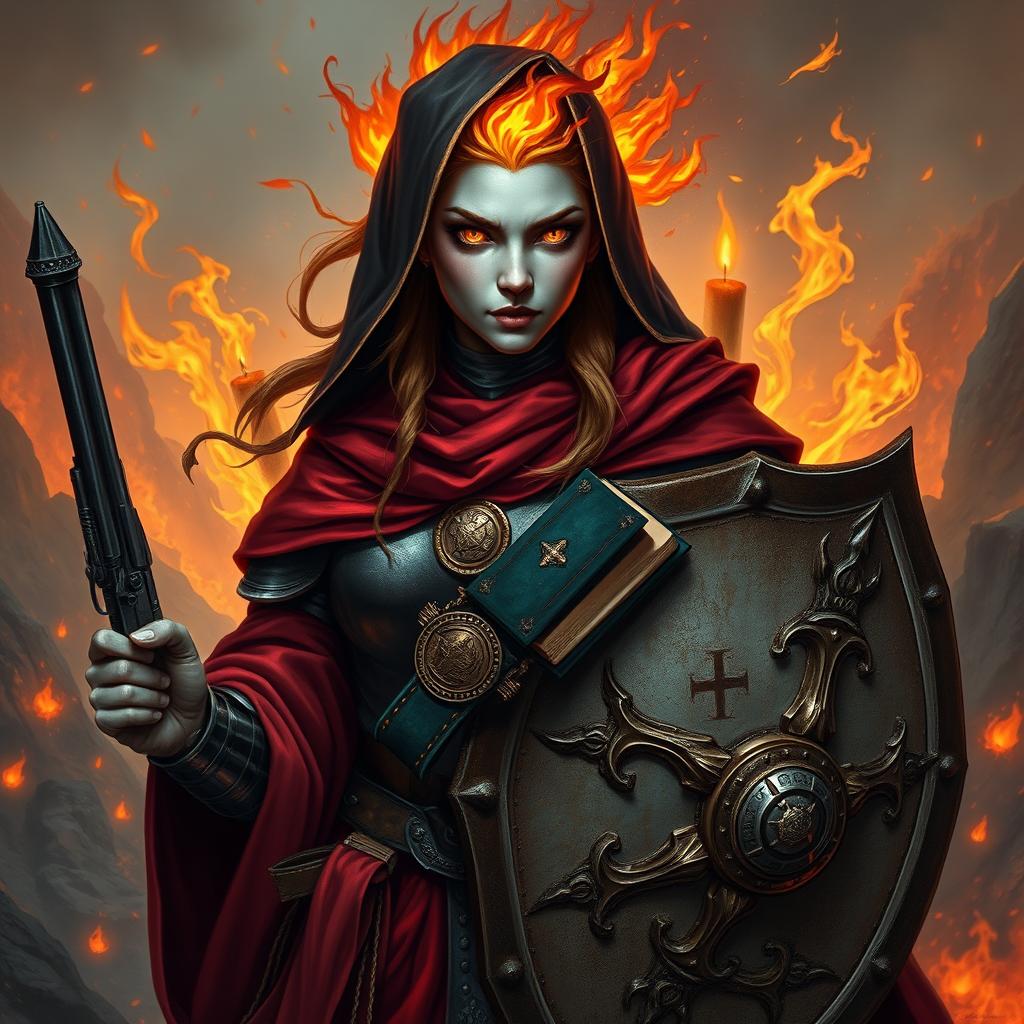 A fire genasi female cleric of a fire god, wearing dark colored metal armor and deep red robes covering parts of her armor