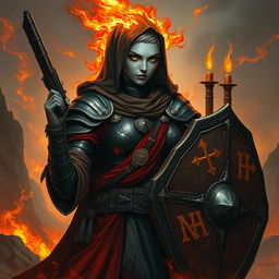 A fire genasi female cleric of a fire god, wearing dark colored metal armor and deep red robes covering parts of her armor