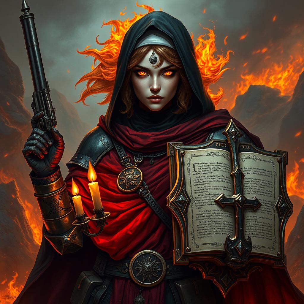 A fire genasi female cleric of a fire god, wearing dark colored metal armor and deep red robes covering parts of her armor