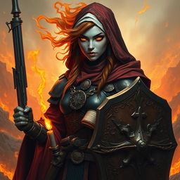 A fire genasi female cleric of a fire god, wearing dark colored metal armor and deep red robes covering parts of her armor