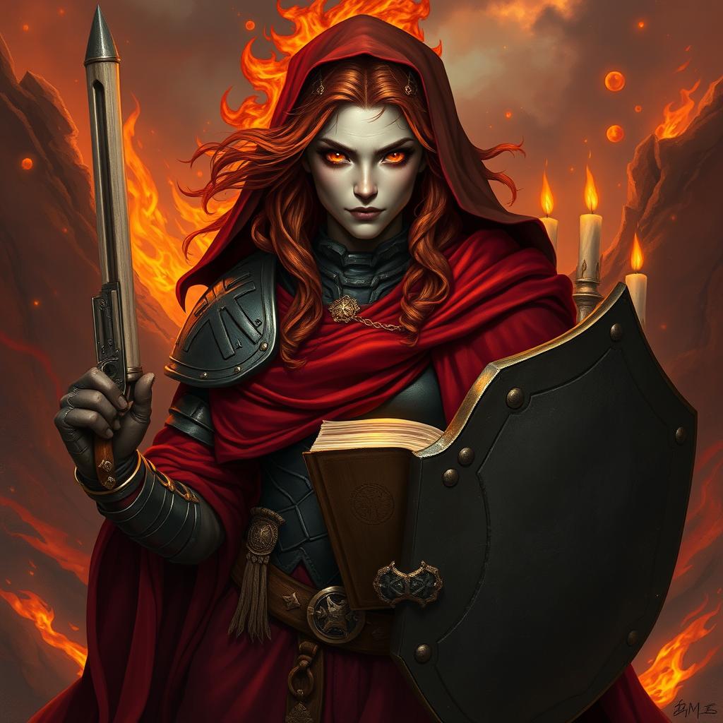 A fire genasi female cleric of a fire god, wearing dark colored metal armor and deep red robes covering parts of her armor