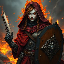 A fire genasi female cleric of a fire god, wearing dark colored metal armor and deep red robes covering parts of her armor