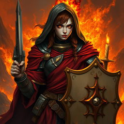 A fire genasi female cleric of a fire god, wearing dark colored metal armor and deep red robes covering parts of her armor