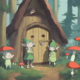 A charming scene featuring an anime goblin family in their cozy forest home