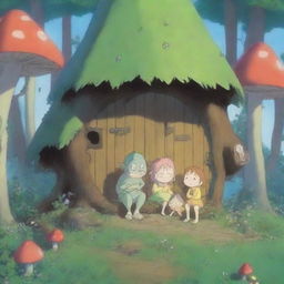 A charming scene featuring an anime goblin family in their cozy forest home