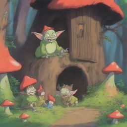 A charming scene featuring an anime goblin family in their cozy forest home