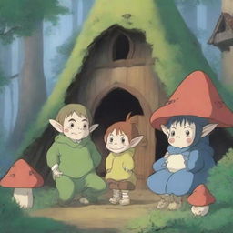 A charming scene featuring an anime goblin family in their cozy forest home