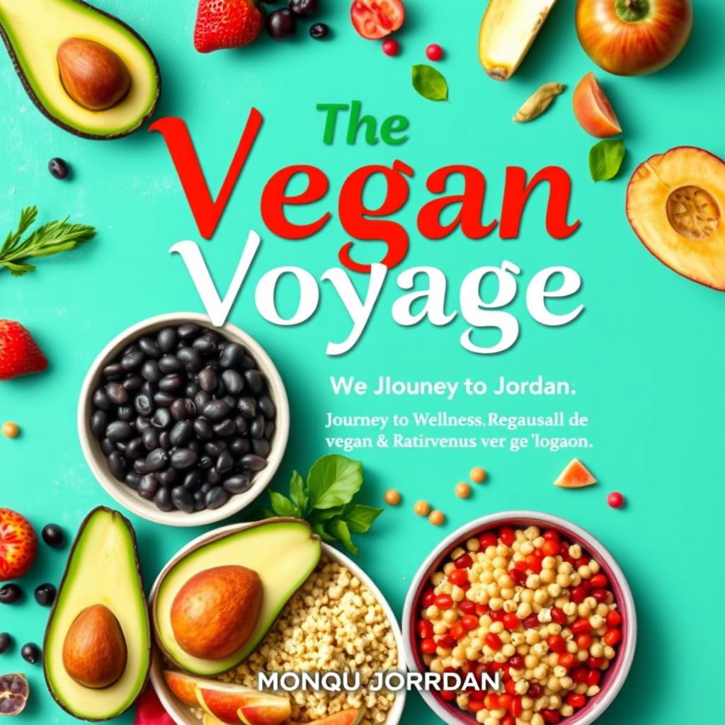 Create a colorful cover for a vegan cookbook titled 'The Vegan Voyage' by Monique Jordan