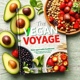 Create a colorful cover for a vegan cookbook titled 'The Vegan Voyage' by Monique Jordan