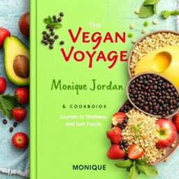 Create a colorful cover for a vegan cookbook titled 'The Vegan Voyage' by Monique Jordan