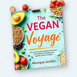 Create a colorful cover for a vegan cookbook titled 'The Vegan Voyage' by Monique Jordan