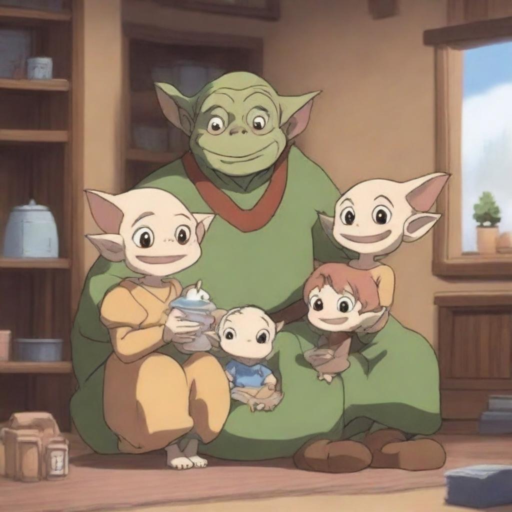 A charming scene featuring an anime goblin family in their cozy home