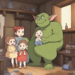 A charming scene featuring an anime goblin family in their cozy home