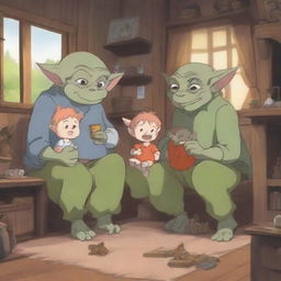 A charming scene featuring an anime goblin family in their cozy home