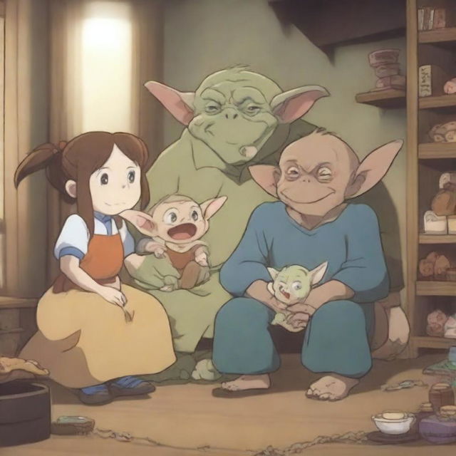 A charming scene featuring an anime goblin family in their cozy home