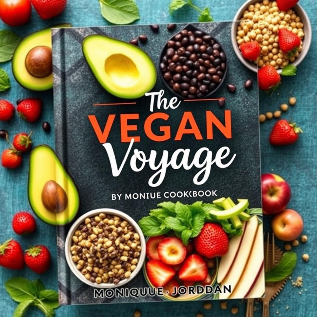 Create a colorful cover for a vegan cookbook titled 'The Vegan Voyage' by Monique Jordan