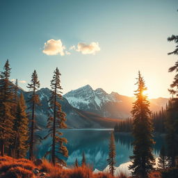 Create a beautiful landscape featuring a serene lake surrounded by tall pine trees and snow-capped mountains in the background