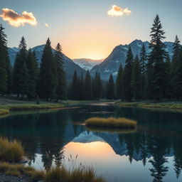 Create a beautiful landscape featuring a serene lake surrounded by tall pine trees and snow-capped mountains in the background