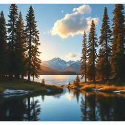 Create a beautiful landscape featuring a serene lake surrounded by tall pine trees and snow-capped mountains in the background