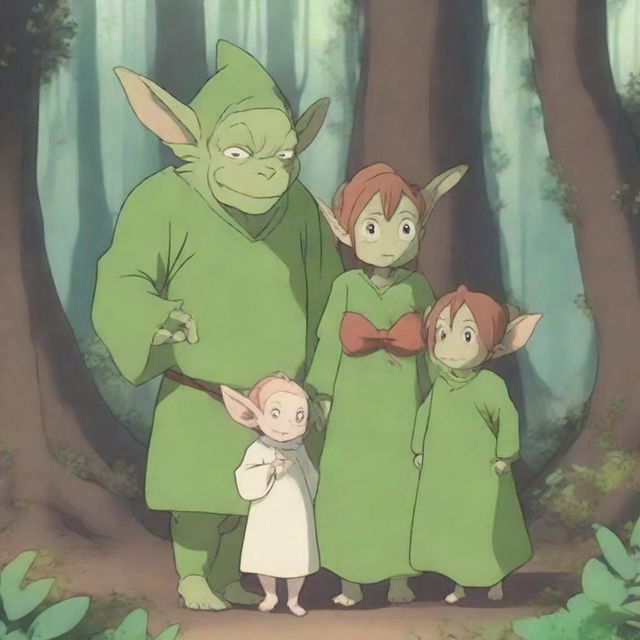 A heartwarming scene featuring an anime goblin family in a whimsical forest