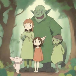 A heartwarming scene featuring an anime goblin family in a whimsical forest