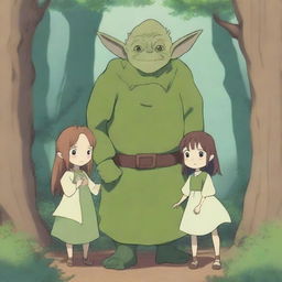 A heartwarming scene featuring an anime goblin family in a whimsical forest