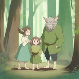 A heartwarming scene featuring an anime goblin family in a whimsical forest