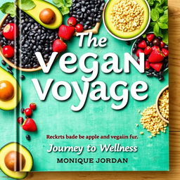 Create a colorful cover for a vegan cookbook titled 'The Vegan Voyage' by Monique Jordan