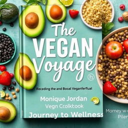 Create a colorful cover for a vegan cookbook titled 'The Vegan Voyage' by Monique Jordan