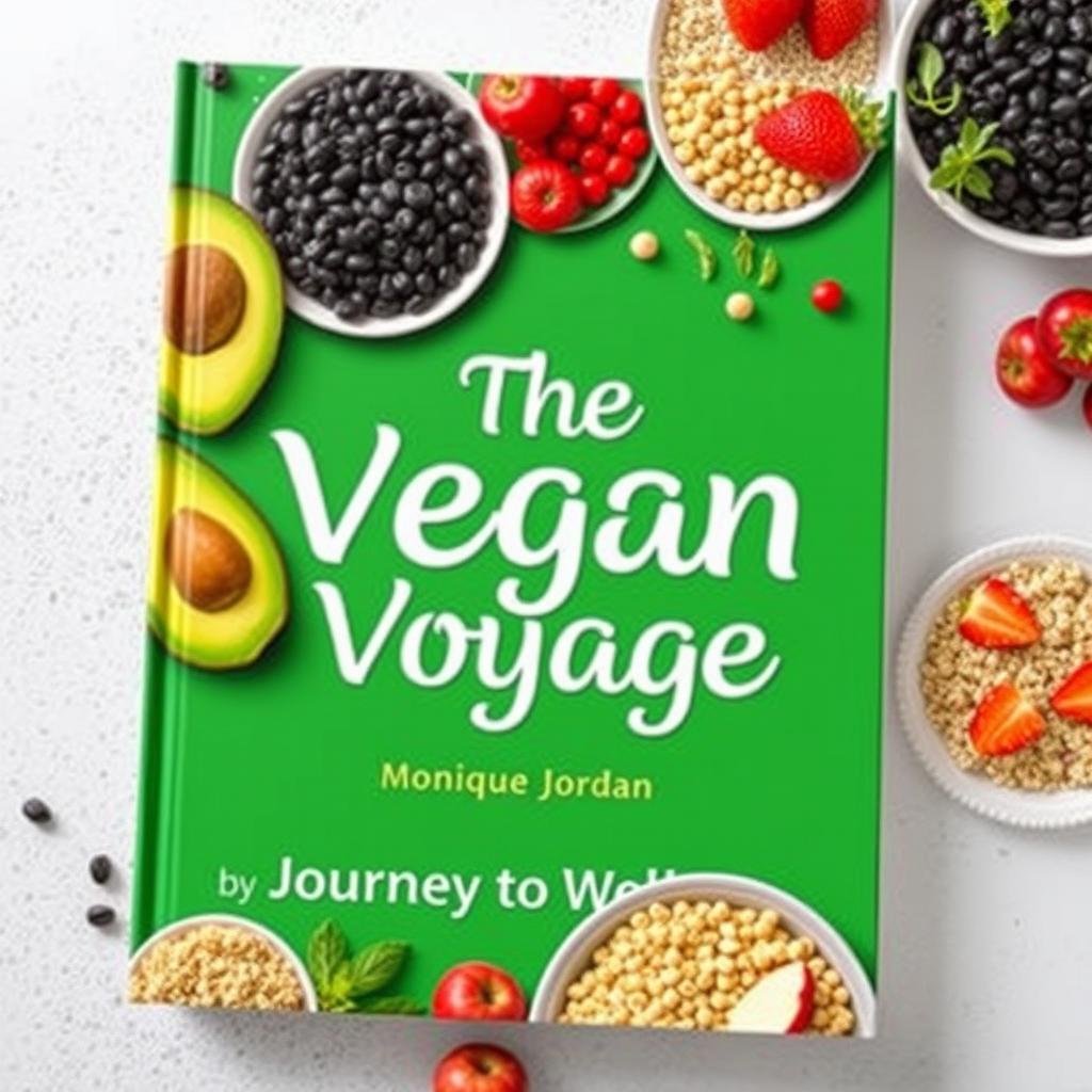 Create a colorful cover for a vegan cookbook titled 'The Vegan Voyage' by Monique Jordan