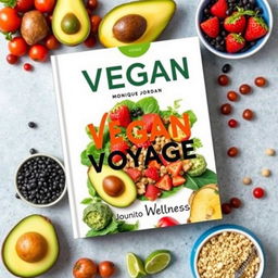 Create a colorful cover for a vegan cookbook titled 'The Vegan Voyage' by Monique Jordan