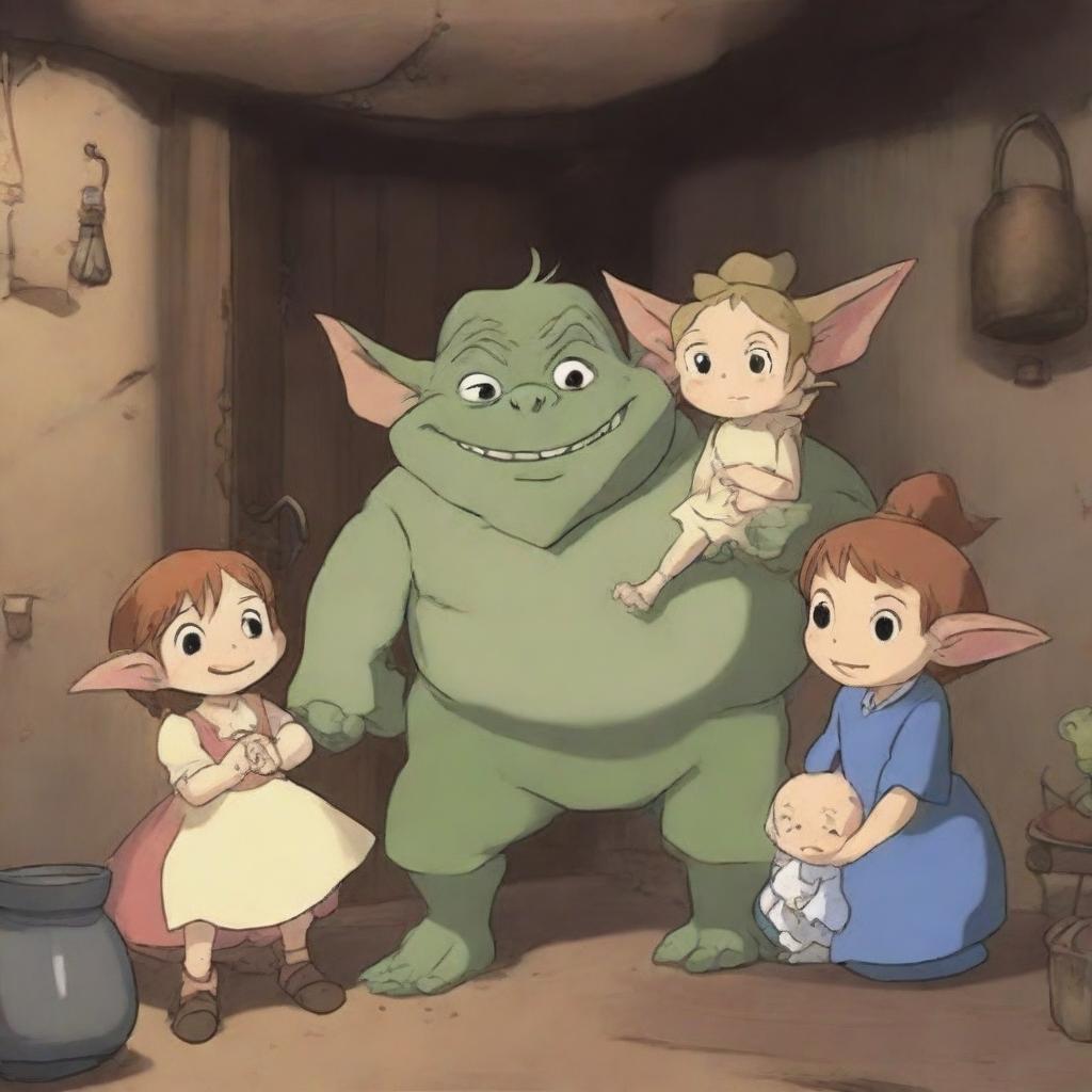 A charming scene featuring an anime goblin family in a cozy underground home