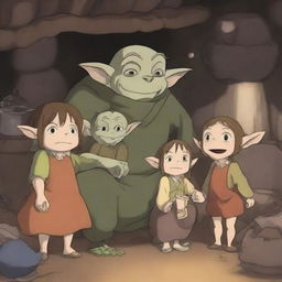 A charming scene featuring an anime goblin family in a cozy underground home