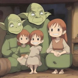 A charming scene featuring an anime goblin family in a cozy underground home