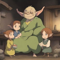 A charming scene featuring an anime goblin family in a cozy underground home