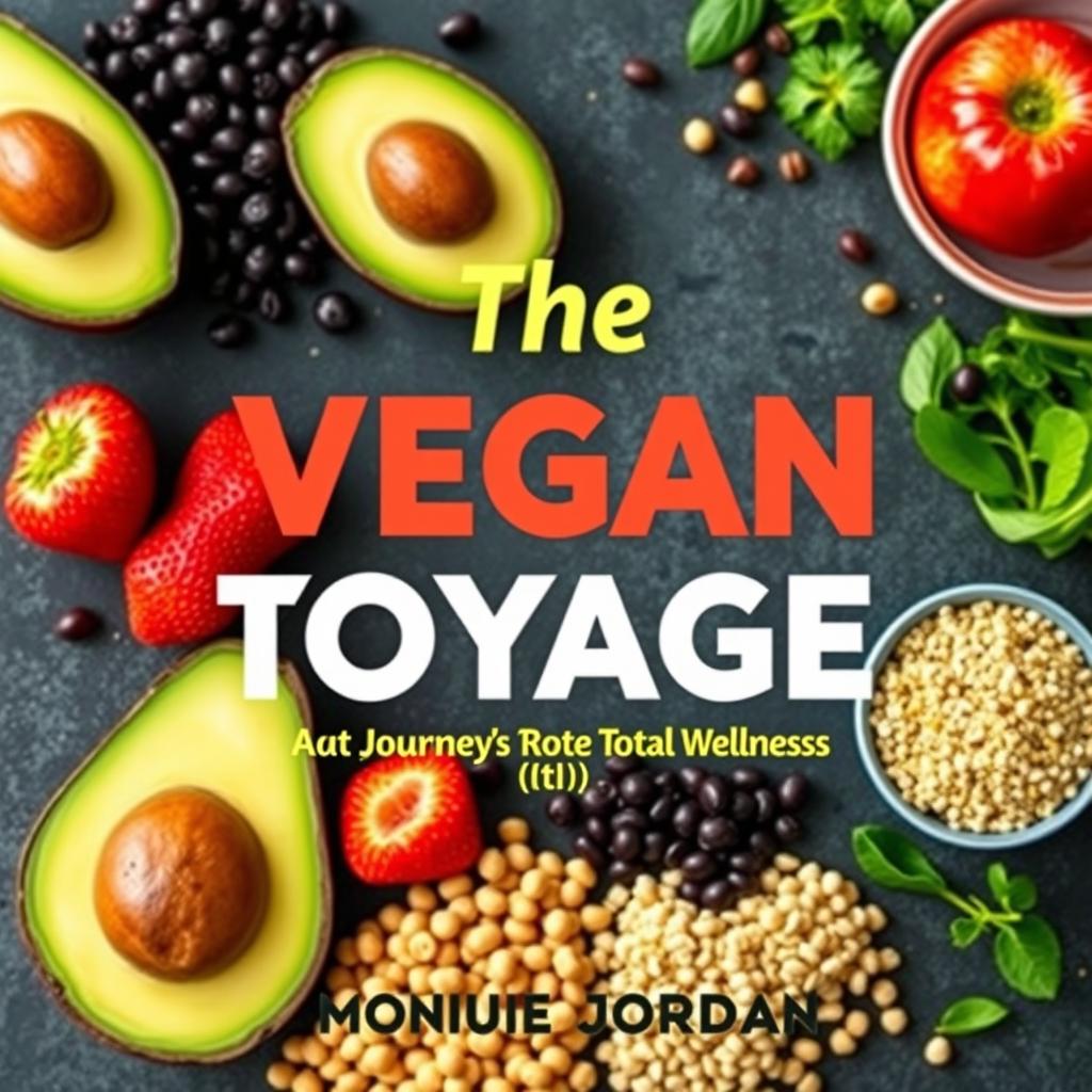 Create a colorful cover for a vegan cookbook titled 'The Vegan Voyage: Journey to Total Wellness' by Monique Jordan