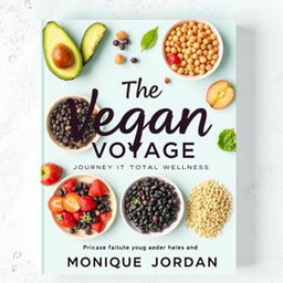 Create a colorful cover for a vegan cookbook titled 'The Vegan Voyage: Journey to Total Wellness' by Monique Jordan