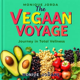 Create a colorful cover for a vegan cookbook titled 'The Vegan Voyage: Journey to Total Wellness' by Monique Jordan