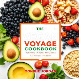 Create a colorful cover for a vegan cookbook titled 'The Vegan Voyage: Journey to Total Wellness' by Monique Jordan