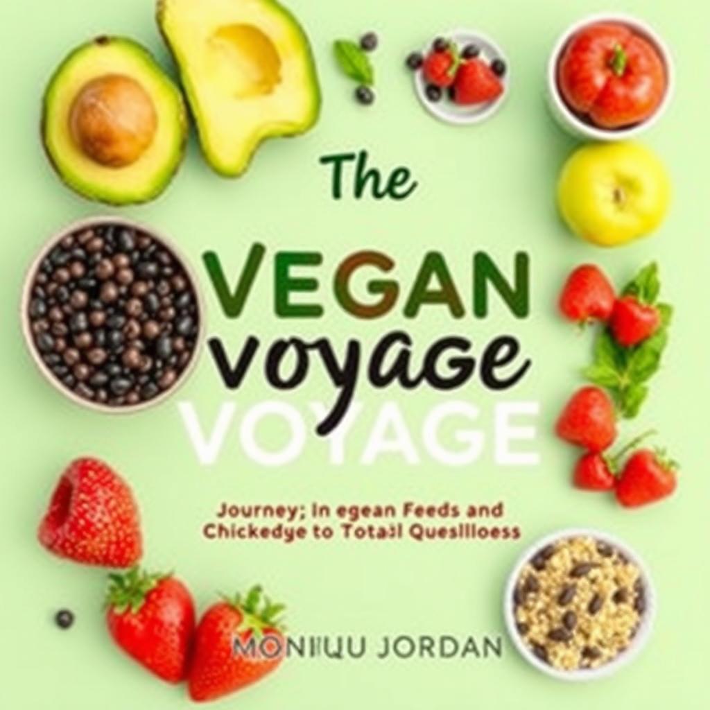 Create a colorful cover for a vegan cookbook titled 'The Vegan Voyage: Journey to Total Wellness' by Monique Jordan