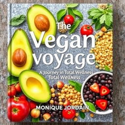 Create a colorful cover for a vegan cookbook titled 'The Vegan Voyage: Journey to Total Wellness' by Monique Jordan